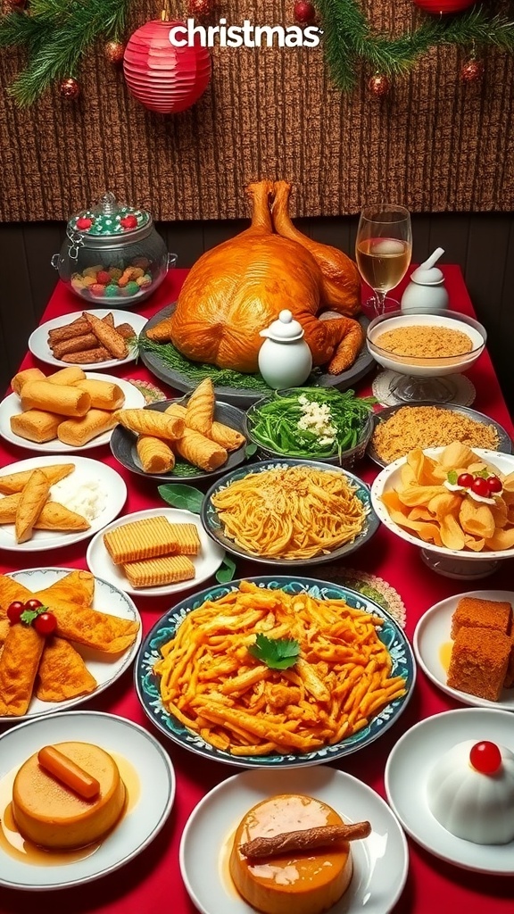 A festive table filled with Filipino Christmas party food including lechon, lumpia, pancit, bibingka, and desserts.